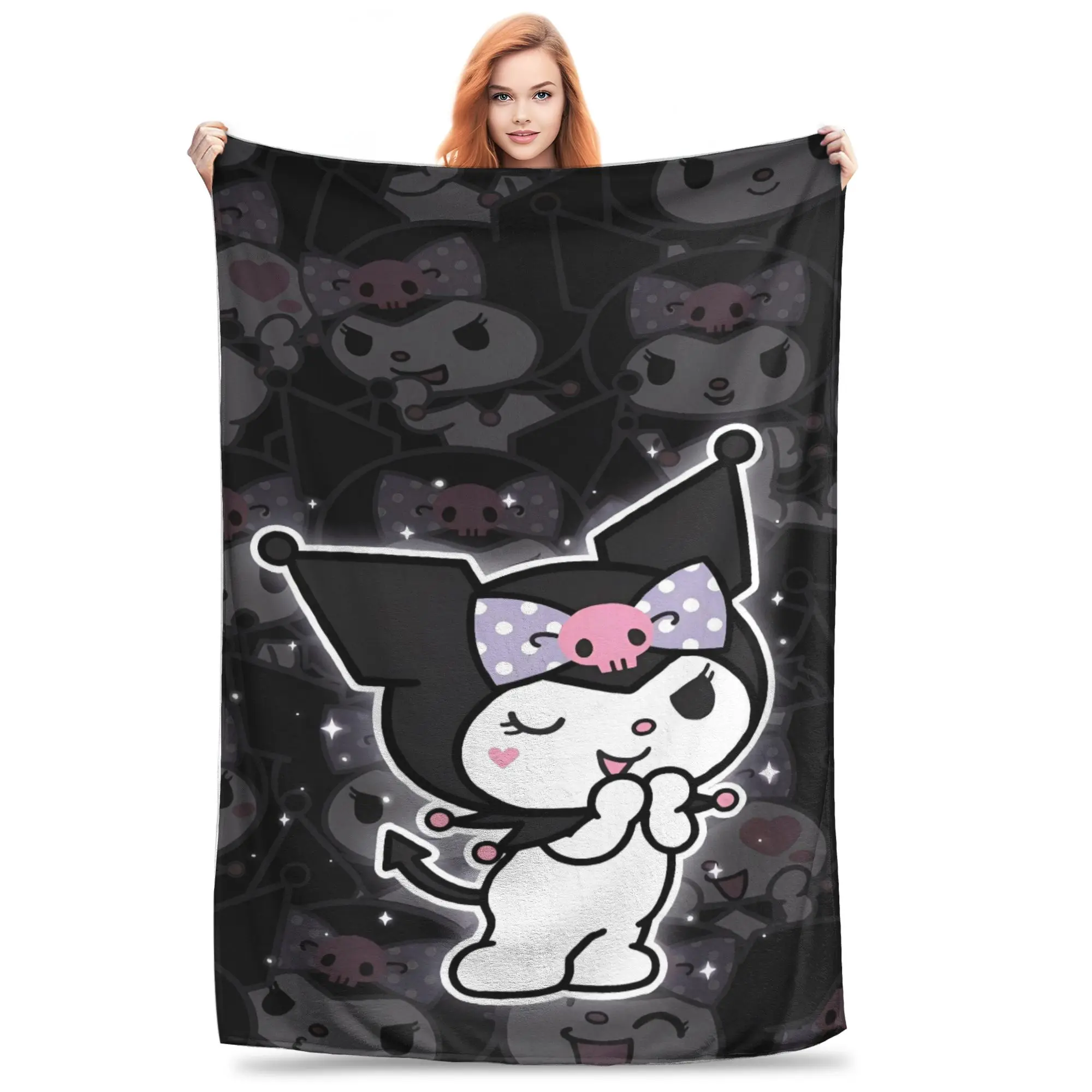 Mantas muy cálidas Kuromi negras Kawaii, ropa de cama de felpa para niños, funda estampada para sofá, silla, colcha de franela, funda para sofá cama