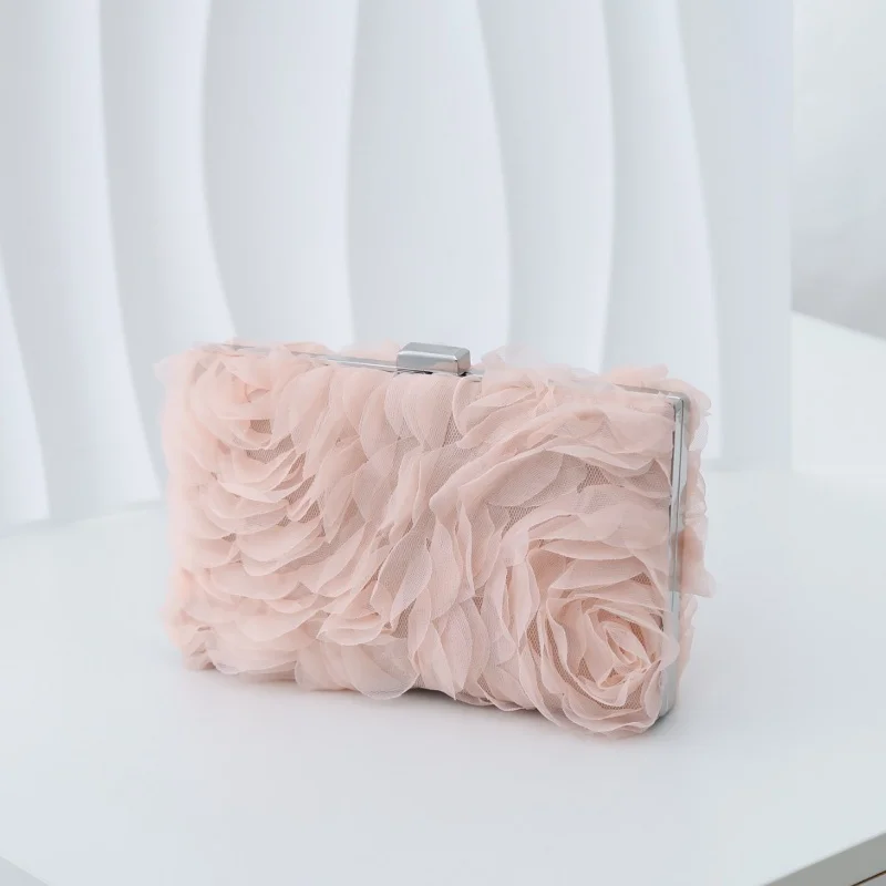 Pink 3D Rose Tulle Evening Bag Floral Mesh Petal Hard Case Bridal Wedding Clutch Cocktail Party Square Purse Detachable Strap view 5