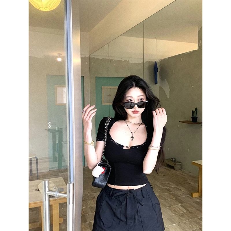 MEXZT Y2K Maglietta nera Donna Harajuku Streetwear Fasciatura Crop Top Estate Sexy Gyaru Grunge Estetica Manica corta Design Tees