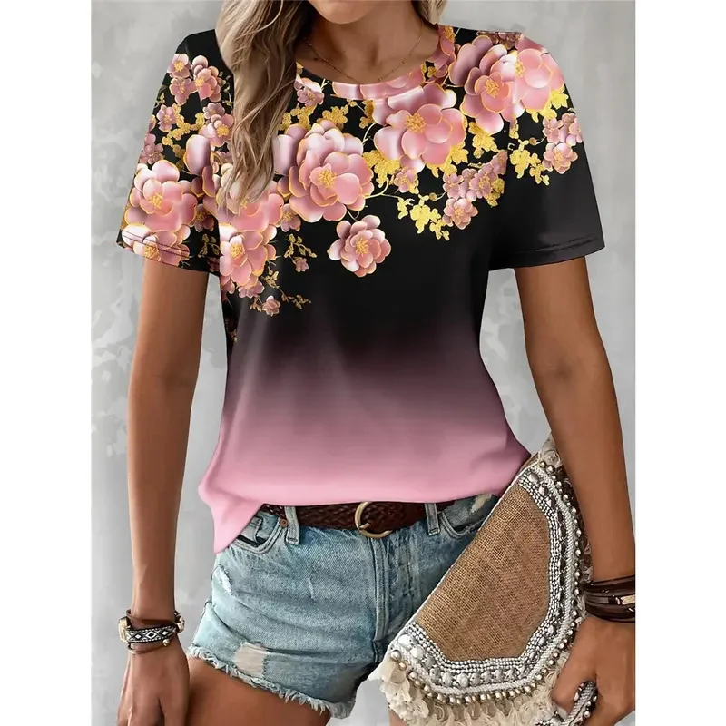 Sommer Damen T-Shirt T-Shirt Blumen Lässig Urlaub 3D-Druck Farbverlauf Kurzarm T-Shirts Mode Rundhalsausschnitt T-Shirts für Frauen