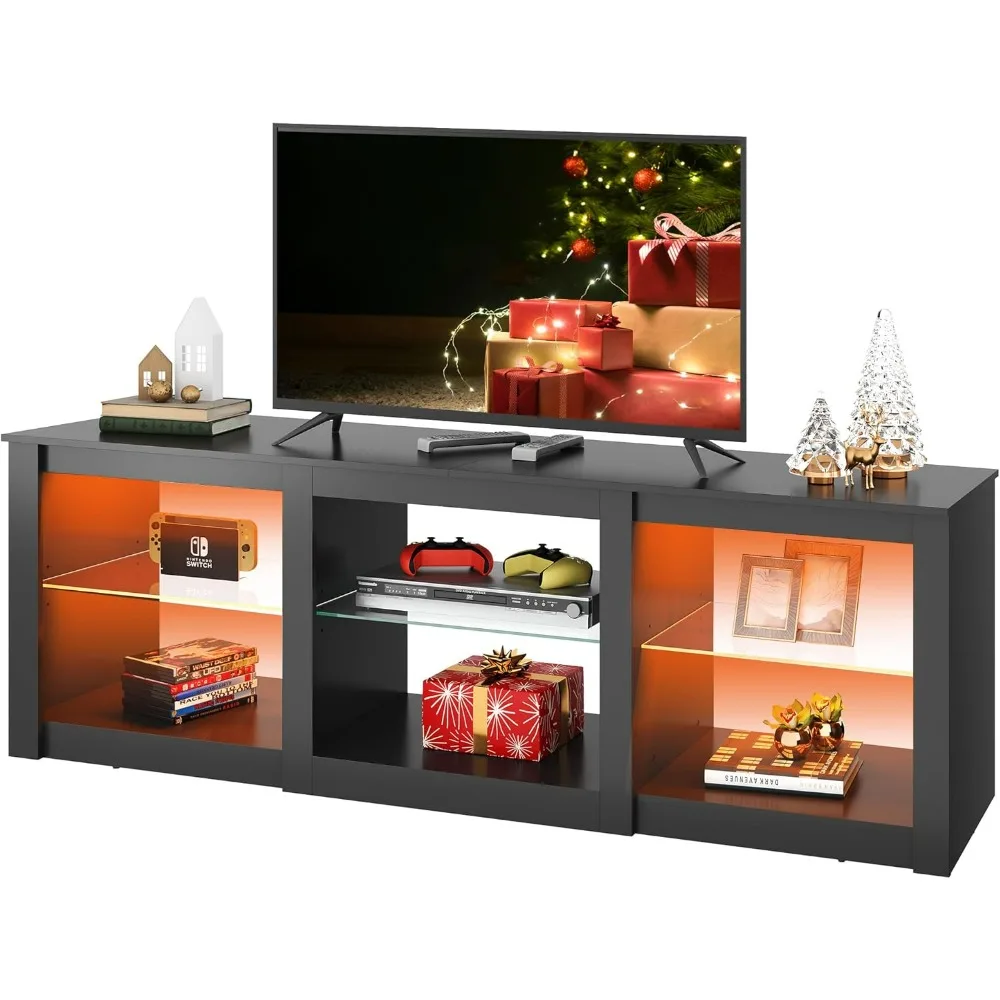 LED TV Stand for 65-Inch TV, 58-Inch Entertainment Center with Adjustable Glass Shelves, Modern Media Console