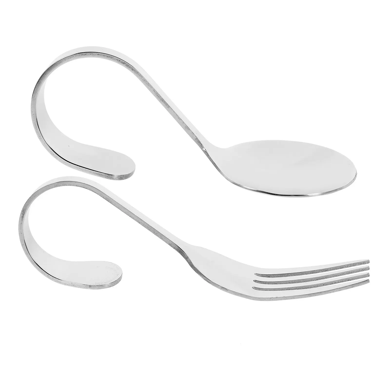 2Pcs Multi-Function Curved Handle Stainless Steel Small Dessert Spoon Fork Comfortable Grip Never Bend Tasting Pudding Ice Cream
