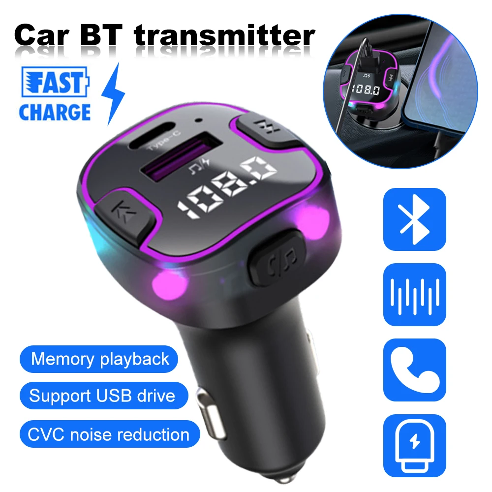 Trasmettitore FM per auto Bluetooth 5.3 PD Tipo-C Caricatore rapido doppio USB con luce atmosferica Modulatore di autoradio vivavoce Lettore MP3