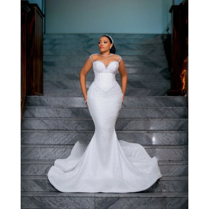 

Свадебное платье «Русалка» на заказ, коричневое, с круглым вырезом, длинными рукавами, из атласа, с стразами, жемчугом и пайетками, Vestidos De Novia