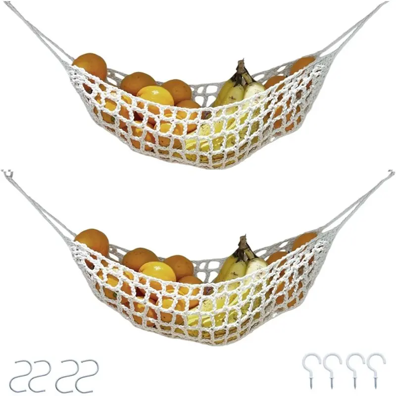 A53Q-Under Cabinet Veggie Banana Basket-Hanging Fruit Hammock With Hooks(2-Pack), Hand-Woven Macrame Boho Fruit Holder