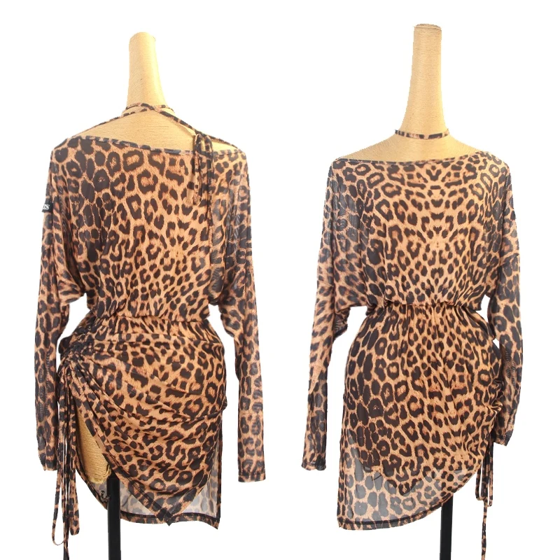 New Latin Dance Loose Leopard Print Mesh Dress Long Sleeve One Shoulder Slit Dress Dance Chacha Rumba Latin Clothes DQL9497