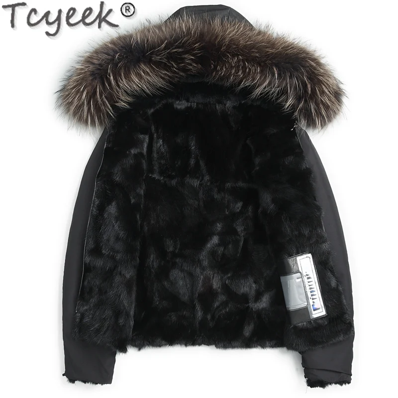 Tcyeek-casaco de pele de vison natural masculino, parka com capuz, forro destacável, gola de guaxinim, roupas quentes de inverno, moda nova