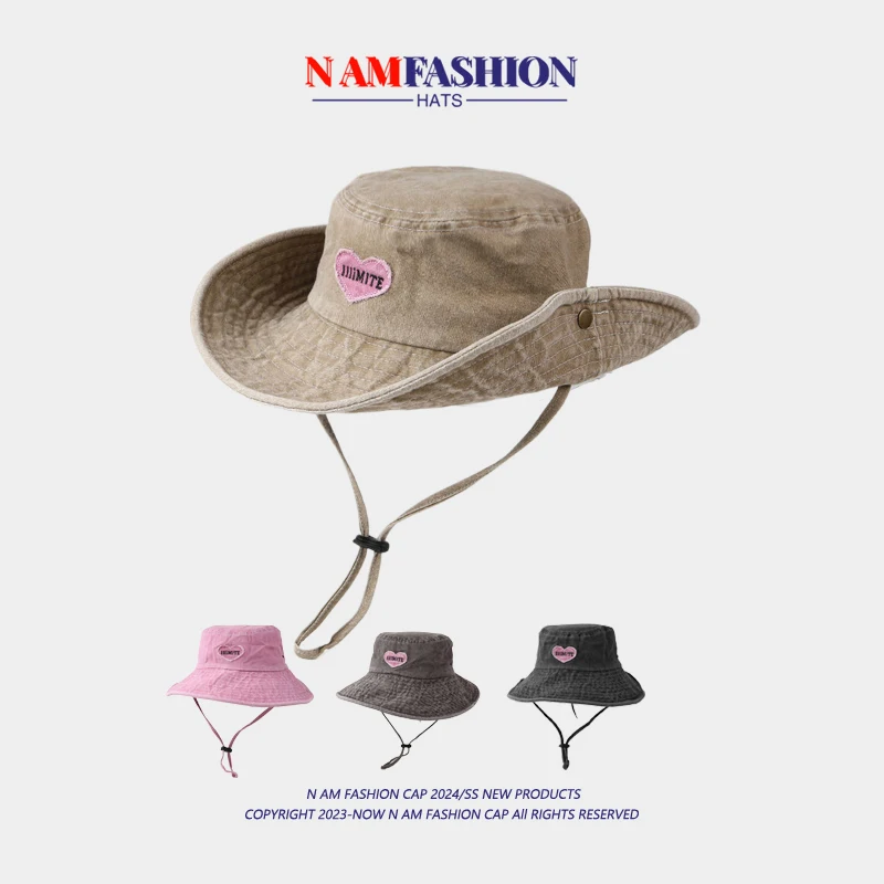 

Love Embroidery Alpine Cap Female Summer Outdoor Hiking Sun-Proof Bucket Hat Western Cowboy Hat