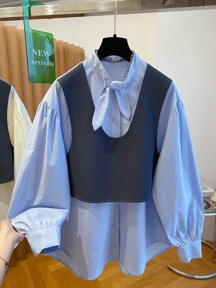 

Chemise Femme, синяя лоскутная рубашка из двух предметов, женские свободные женские блузки, корейские винтажные блузки, осенние Camisas De Mujer