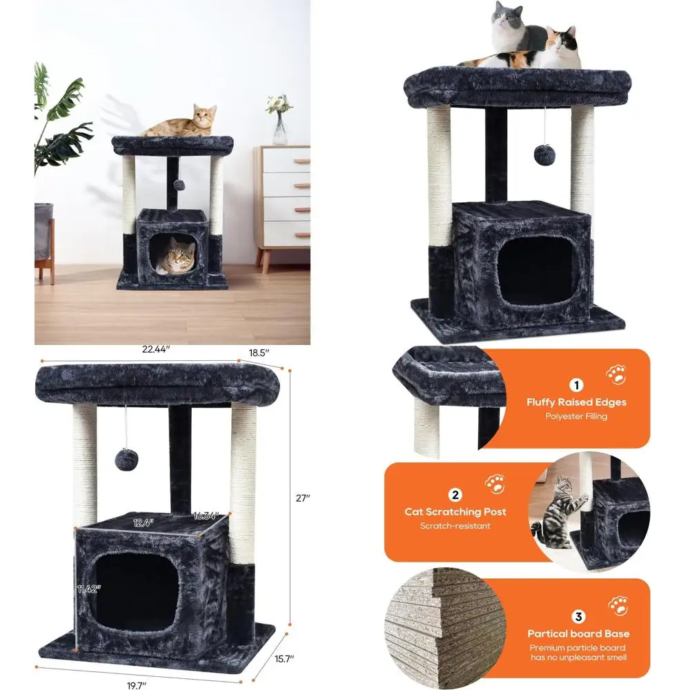 

Большой игровой комплекс для взрослых кошек с царапателями, плюшевым лежаком и интерактивным пружинным мячом - цвет дымчатый