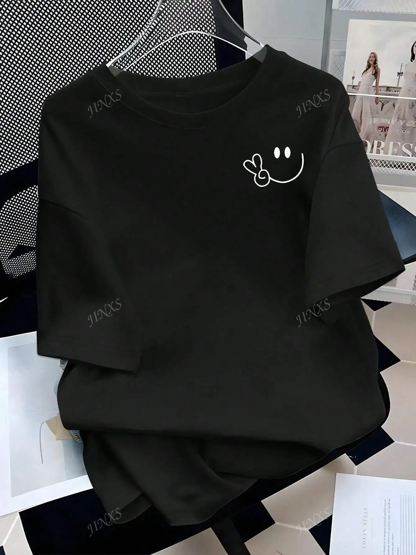 Stylish Tee with Adorable Smile and Peace Sign Design Ideal for Curvy Ladies into Playful Fashion