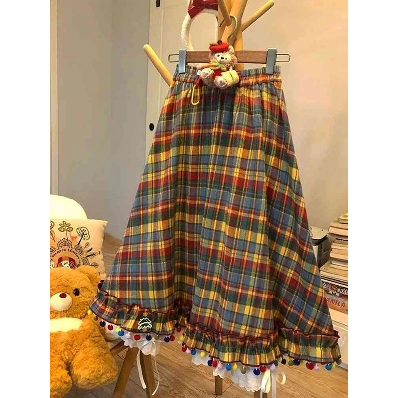 

MEXZT Vintage Plaid Midi Skirt Women Japanese Harajuku Christmas Patchwork Skirts Autumn Y2K Cutecore Kawaii Loose Design Faldas