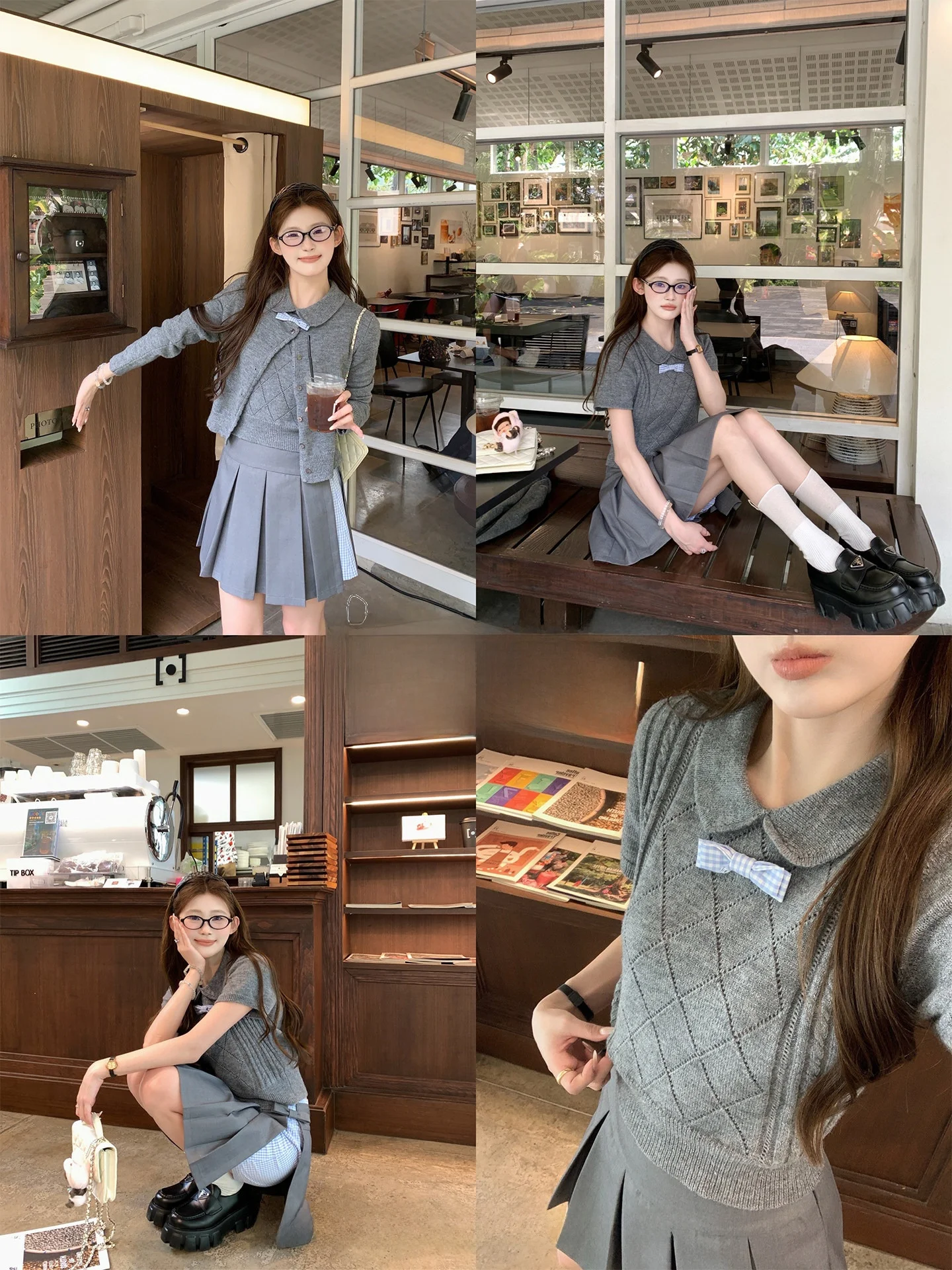 

FF BLUE Woolen Knitted Cardigan ort Sve Pleated Skirt Set College Sle Knot Spring Faion Women's Tee-Piec...