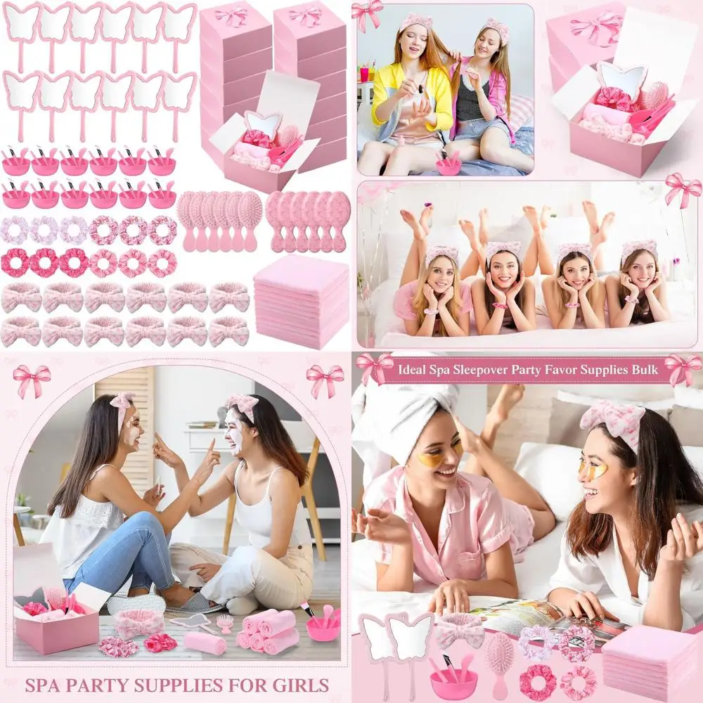 

Набор для вечеринки в стиле Галентайнс из 120 предметов: принадлежности для спа-вечеринки и пижамной вечеринки с бантовыми мотивами, маски для лица, зеркала, расчески, резинки для волос и набор для сна.