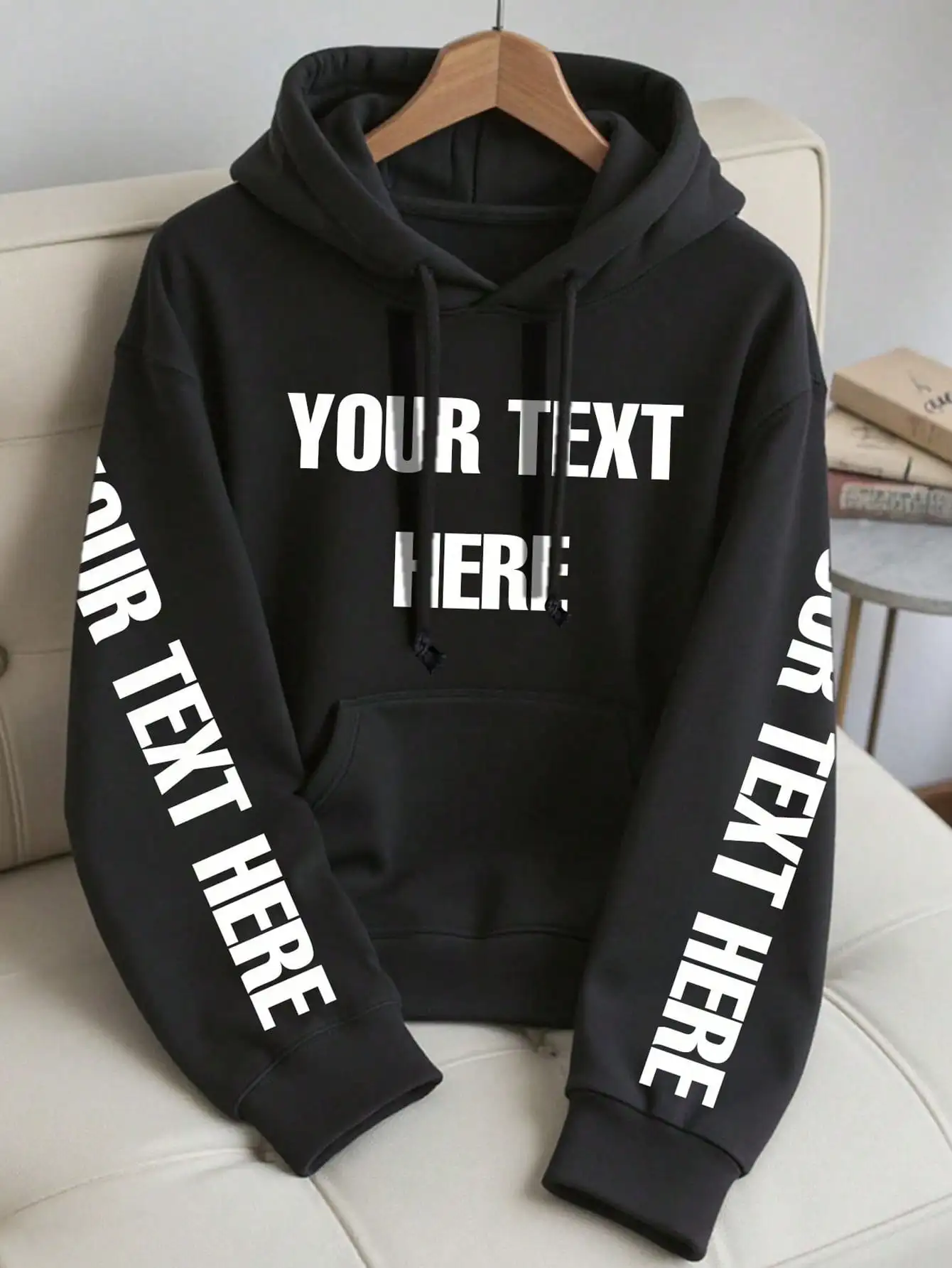 

Custom Text Men's Hoodie, Personalized Front & Sleeve Print, Black Fleece Pullover for Autumn Winter Casual Wear