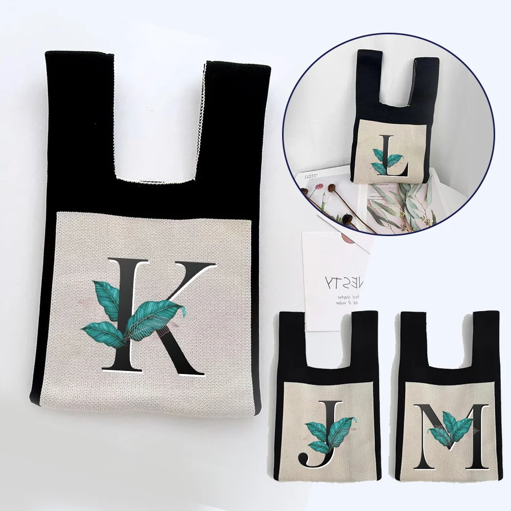 

Knit Handbag Wrist Tote Bag Handmade Shopping Knot Wrist Bags Coin Purse Organizer Wallet Autumn Winter Leaf Printed Series