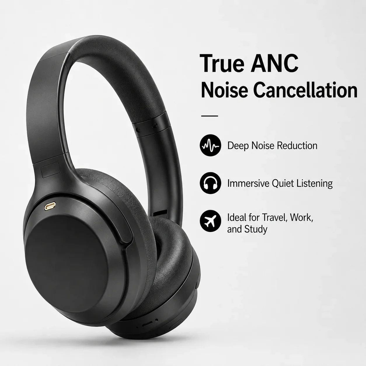 Casque de jeu, écouteurs Bluetooth, ANC, supra-auriculaires, Bluetooth 5.4, haut-parleur de 40 mm, pliable, Type-C, 3,5 mm AUX, véritable ANC, basses riches, pour le travail