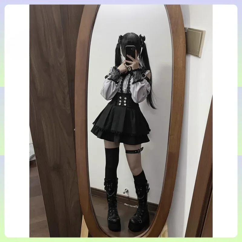Jirai Kei Cosplay gótico Lolita vestido de novia conjunto blusa de manga larga Falda plisada negro blanco rojo Ver para fiesta de Halloween