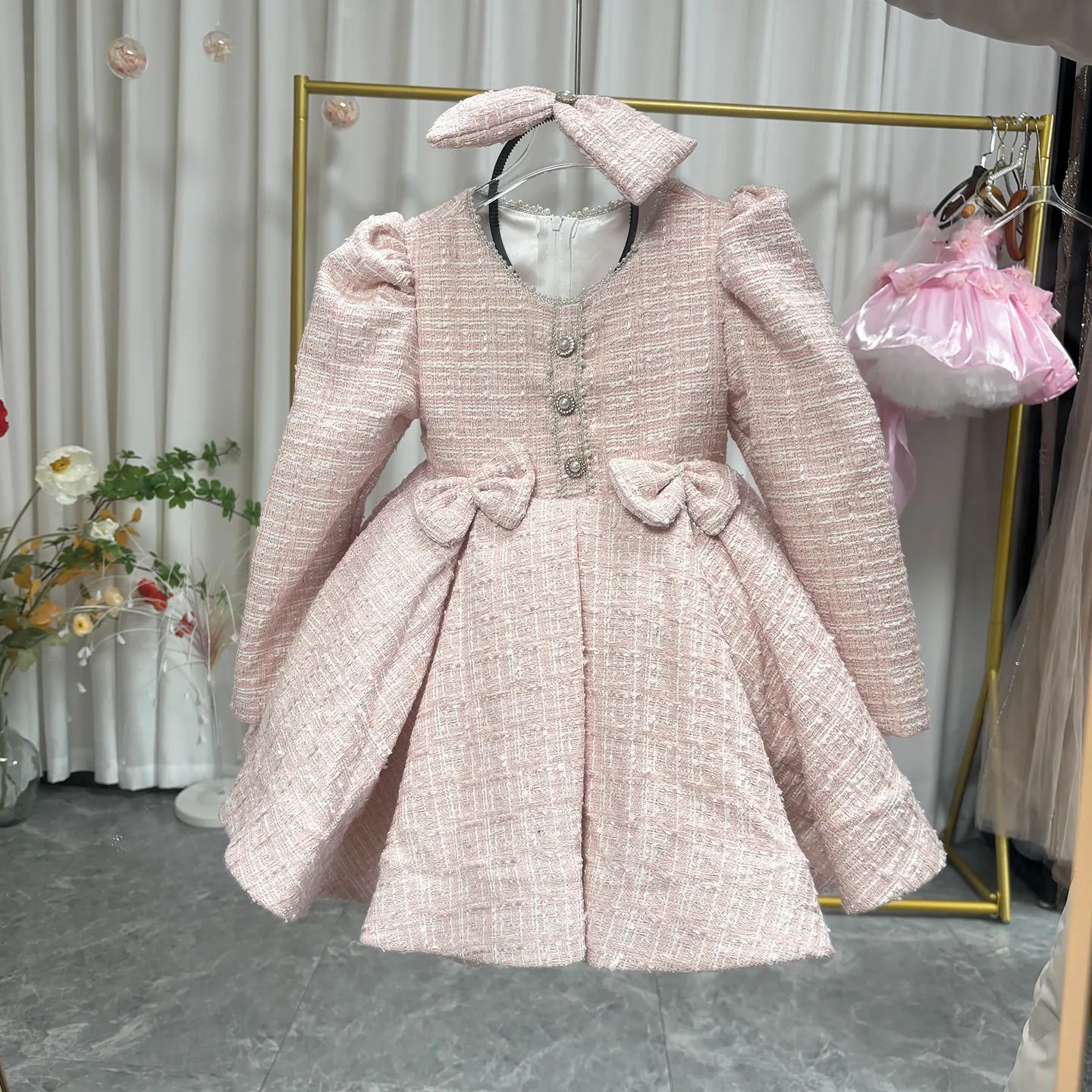 จิล วิช เจ 718 ชุดเดรสเด็กผู้หญิงลายดอกไม้สีชมพู โบว์น่ารัก แขนยาว ประดับลูกปัด ชุดเจ้าหญิงสำหรับงานแต่งงาน งานวันเกิด งานเลี้ยงอย่างเป็นทางการ