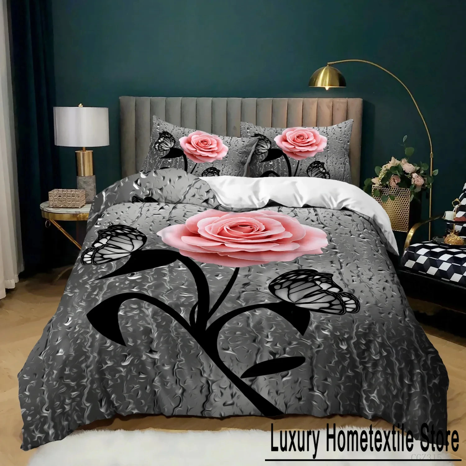 Pink Rose Duvet Cover Set Queen Size 3D Printed Rose Floral Bedding Set Botanical Blossom Flowers Microfiber Comforter Cover