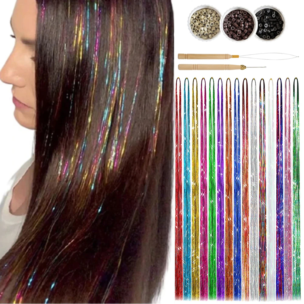 Tinsel de cheveux arc-en-ciel pour filles, Brins colorés, Vêtements de sauna, Hairbinge Hair, Laser False Hair Extensions, Decor Glitter Strip,