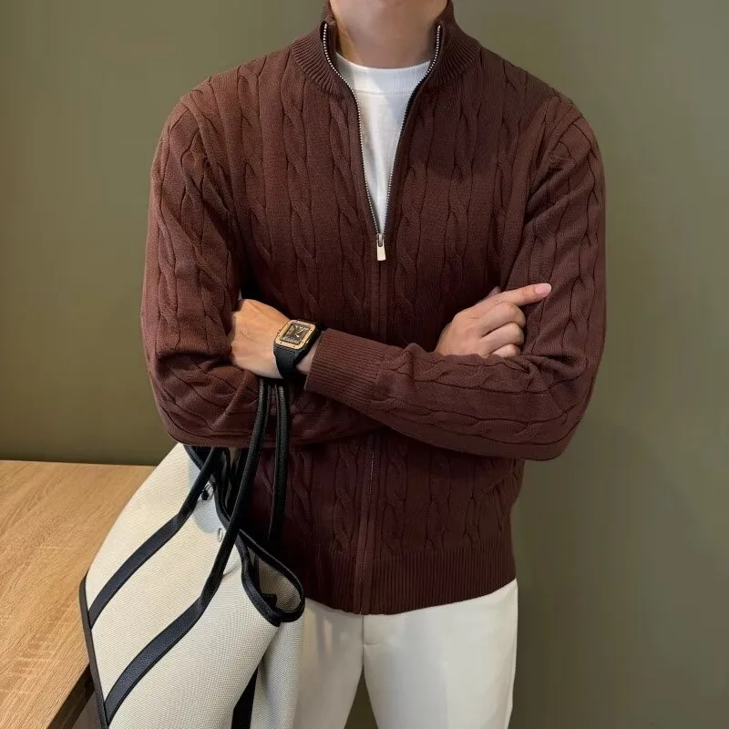 

Мужской свитер-кардиган из высококачественного однотонного мерсеризованного хлопка с воротником-стойкой, вязаный косами, простой дизайн, для осени и зимы