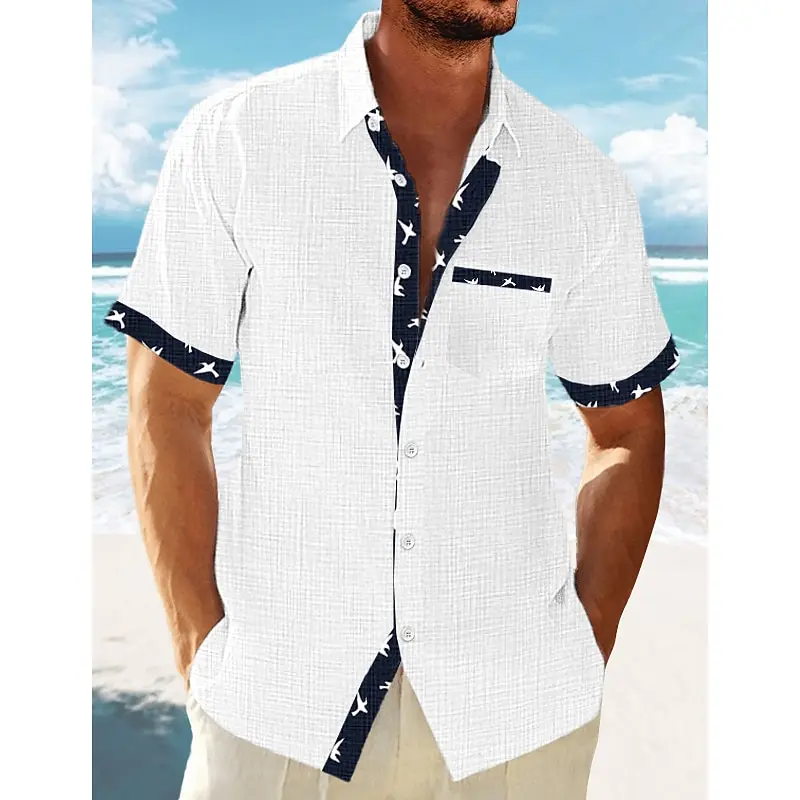 Men\'s shirt summer casual fashion beach shirt short-sleeved striped lapel spring and summer Hawaiian vacation top