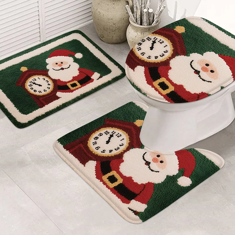 3pcs Santa Claus flannel carpet bathroom door mat shower room anti slip pad toilet lid mat bathroom U-shaped absorbent foot mat