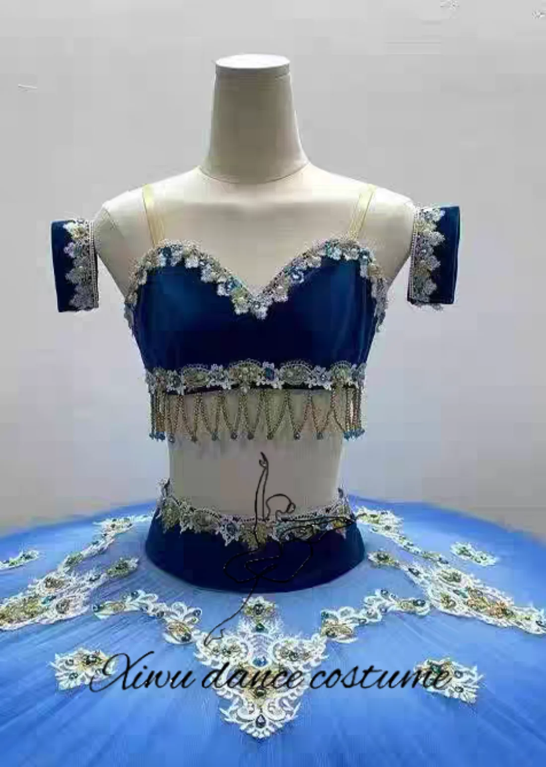 Costume de scène de ballet, jupe en tulle superposée, détails décoratifs sur les épaules