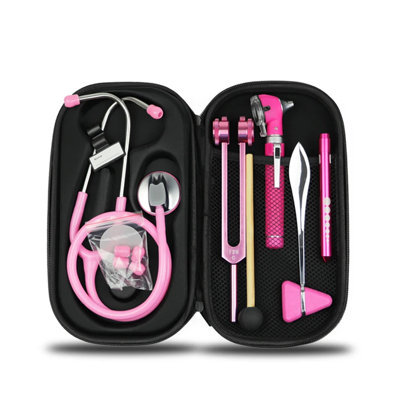 Pink Classic Medical Health Monitor Storage Case Kit and Stethoscope Otoscope Tuning Fork Reflex Hammer LED Penlight Torch Tool