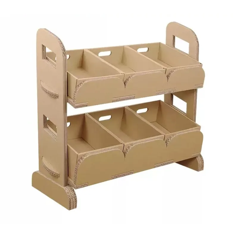 Kids Pretend Play Countertop Display Stand Corrugated Paper Grocery Store Shelf with  Storage Trays Kindergarten Role‑play Game