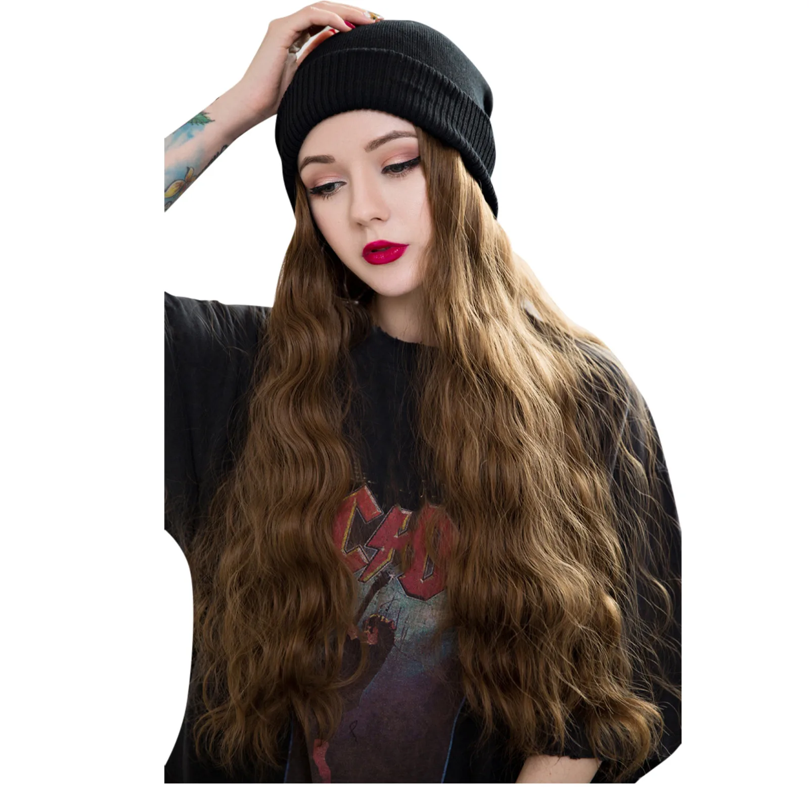 Autumn Winter Hat Wigs Women Beret Wigs Synthetic Hair Extensions Hat with Hair Wigs For Women 25inch Long Wavy Hair Naturally