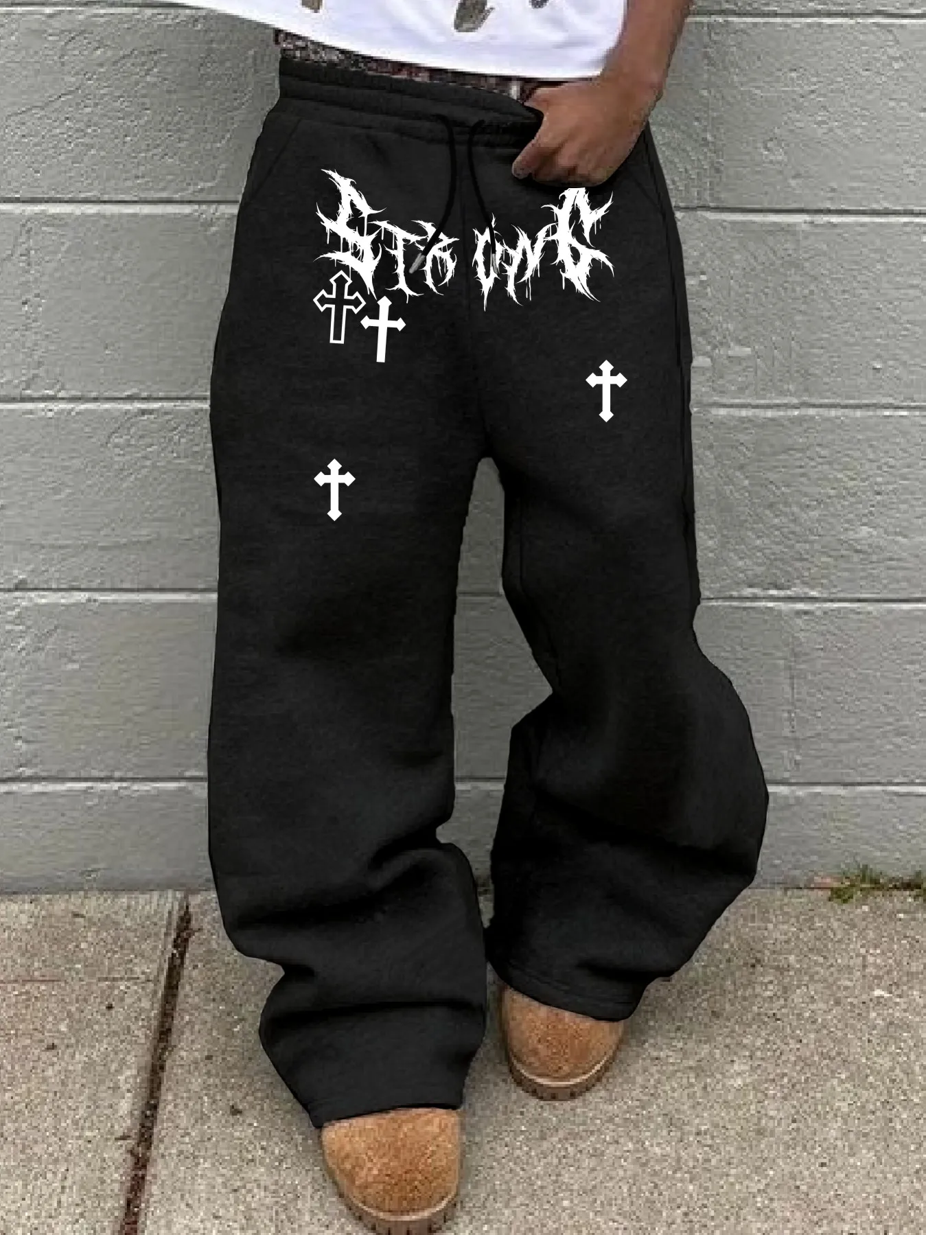 Men Street Hip Hop Straight Pants Polyester Drawstring Waist Dark Cross Letter Print Loose Wide Leg Casual Sports Trousers S-3XL