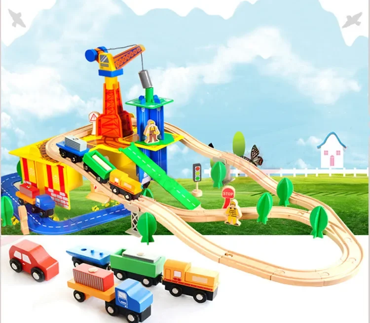 [Funny]  Wooden DIY assembly simulation Rail train model tower crane cars building blocks education toys baby best birthday gift