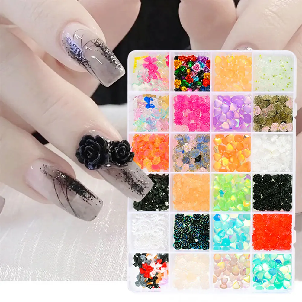 

24Grids Mixed Bow&Flower&Heart Resin Nail Charms Multi-color Kawaii Gems Jewelry For Nail Decor 3D Aurora Manicure Accessories