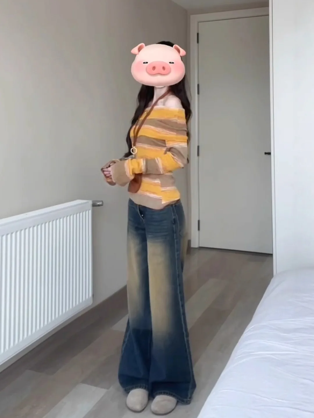 レディースニット長袖ワンショルダーベースシャツスリムフィットインナーウェアTシャツ通勤スタイル春秋シーズンストライプ柄