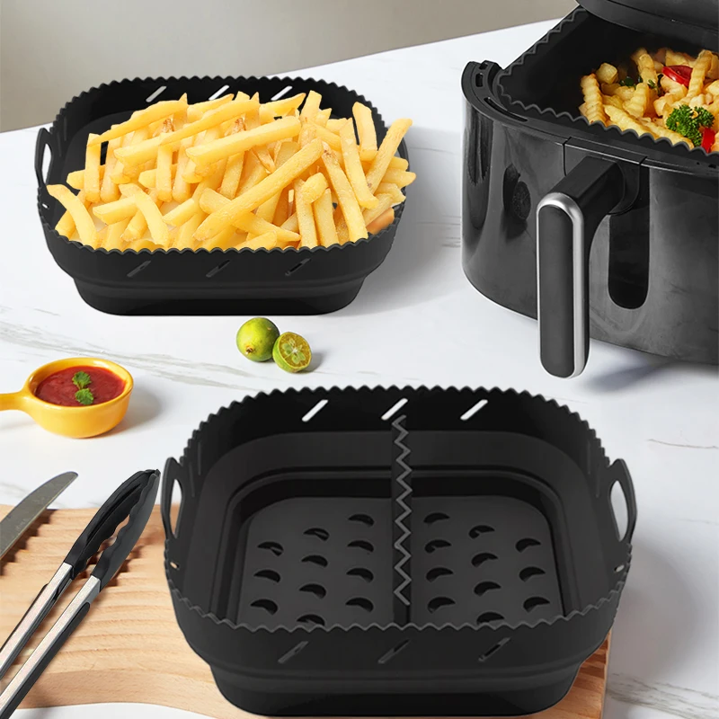 Quadratische Silikon-Luftfritteuse-Einlage mit Trennwand, antihaftbeschichtet, leicht zu reinigen, spülmaschinenfester Lebensmittel-Riser-Halter