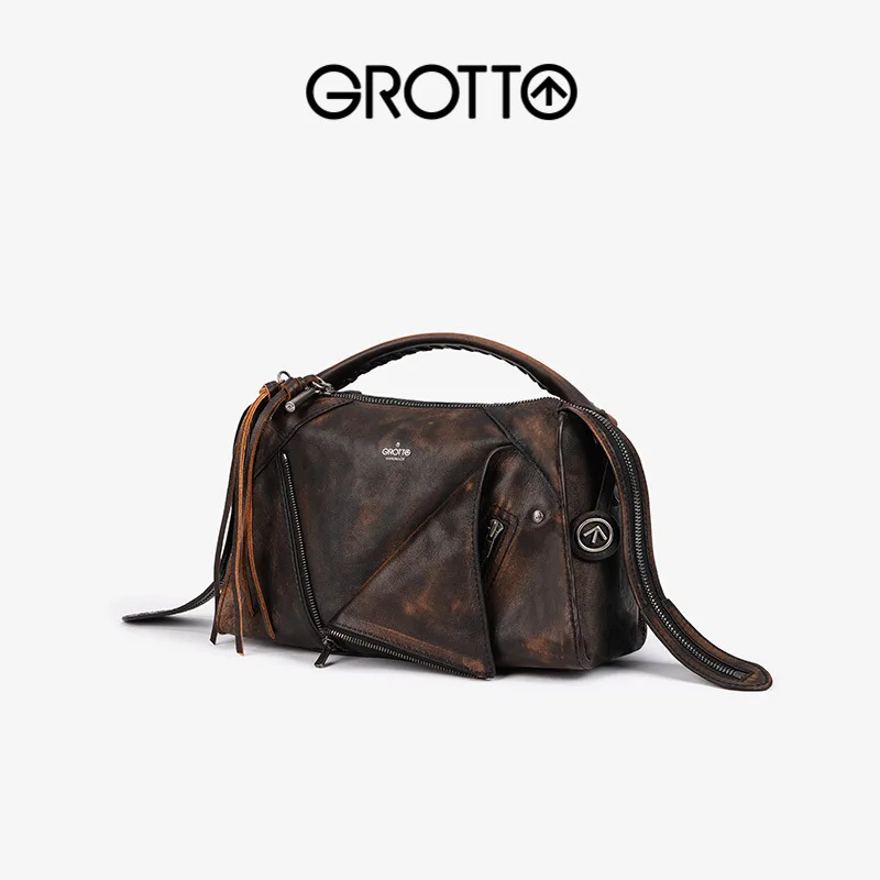 GROTTO 2025 새로운 패션 옷깃 가방 정품 가죽 미니 핸드백 싱글 어깨 크로스 바디 백 단순 캐주얼 경량