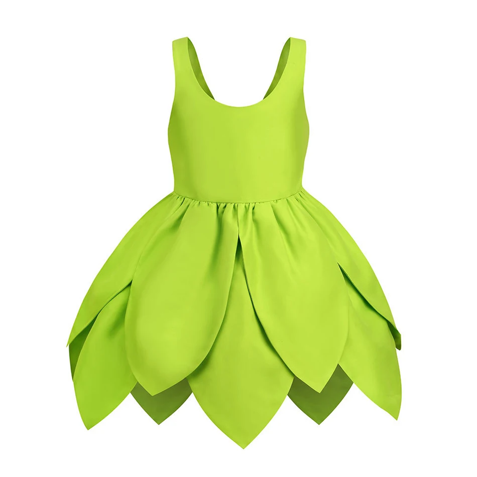 Disney Tinker Bell Fairy Dress Summer Forest Green Leaf Fairy Costume Luxury Party Carnival Outfits 18M-8Yrs Kid Elegant Gown