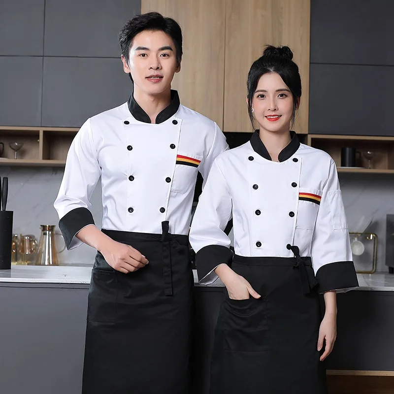 ผู้ชายสีดำ Chef แจ็คเก็ตผู้หญิงแขนยาว Canteen Cook Uniform สำหรับโรงแรมฤดูร้อน Waiter Overalls ร้านอาหารห้องครัวทำอาหารเสื้อผ้า