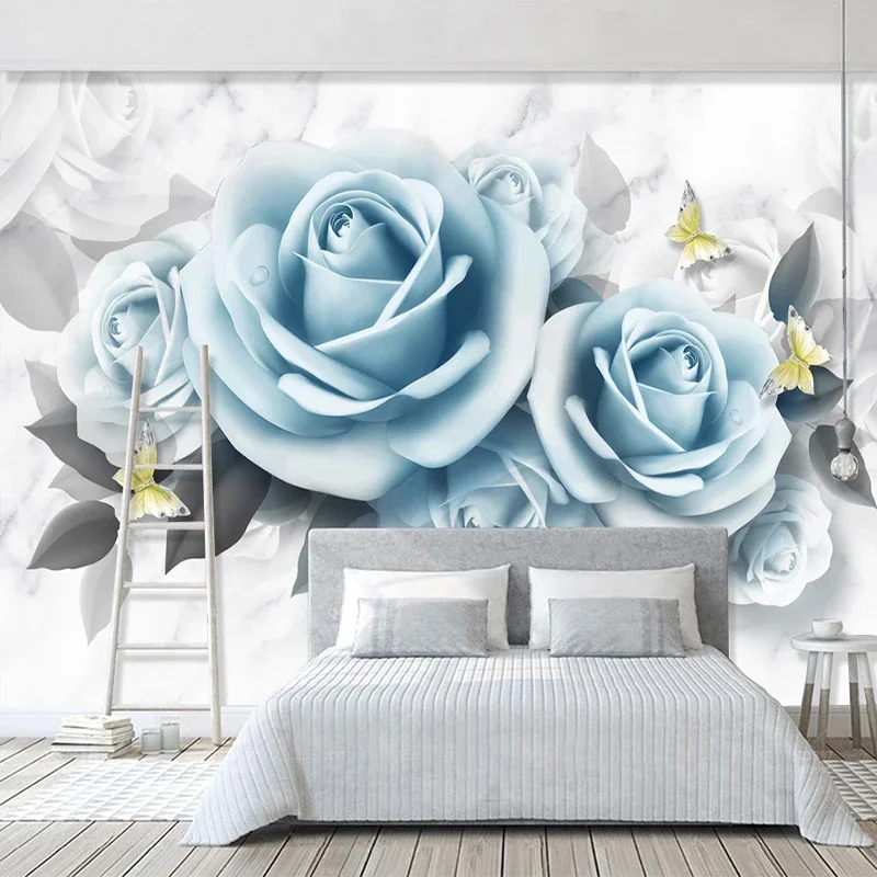 Custom Photo Wallpaper For Bedroom Walls 3D Blue Rose Flower Butterfly Modern Living Room Restaurant Decoration Wall Mural Paper