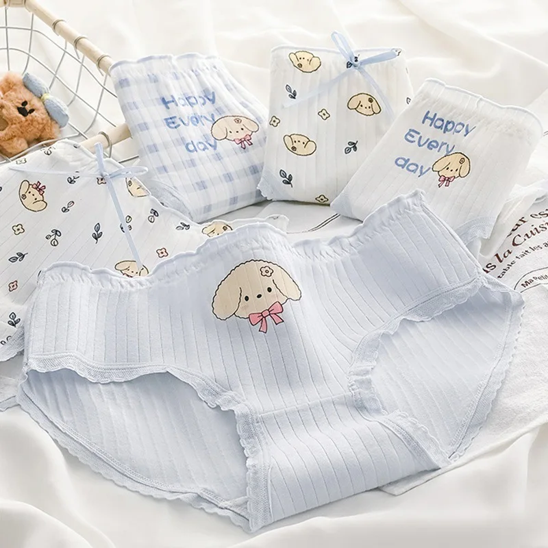 Sweet Cartoon Puppy Lace Bowknot Ladies Mid Waist Cotton Comfortable Breathable Antibacterial Crotch Thin Soft Triangle Panties