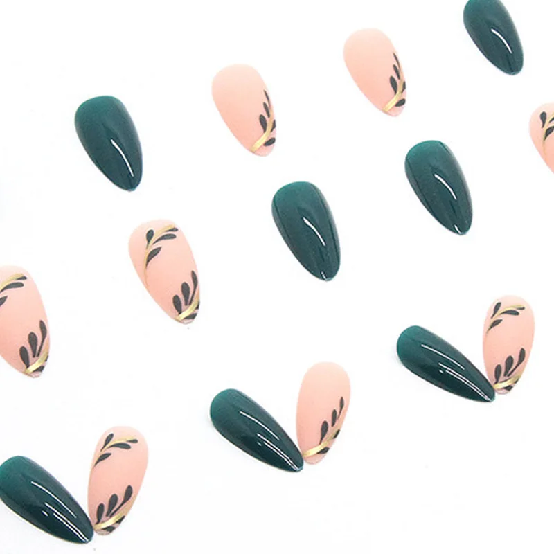 24 Pcs French Fake Nails Almond Long Coverage Press On Nails Green Leaf Peace INS Reusable False Nail Christmas Wearing Nails