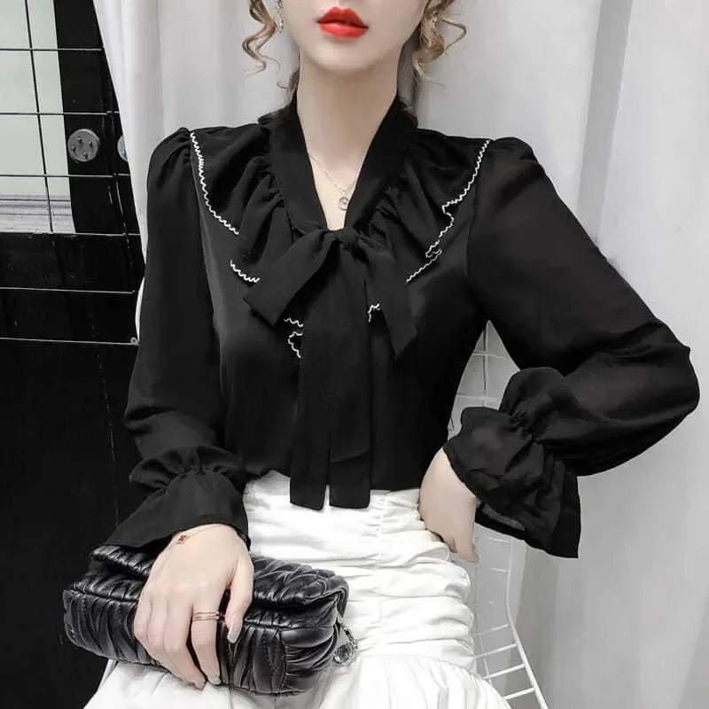 

Camisas De Mujer Loose Vintage Summer White Blouses Tops Chiffon Blouse Women's Clothing Bandage Bow Long Sleeve Shirts