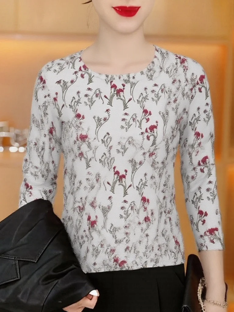 

Retro Style Long Sleeve Printed T-Shirt Women's Inner Wear Slimming Fashionable Mommy Clothes Breathable Polyester Fiber