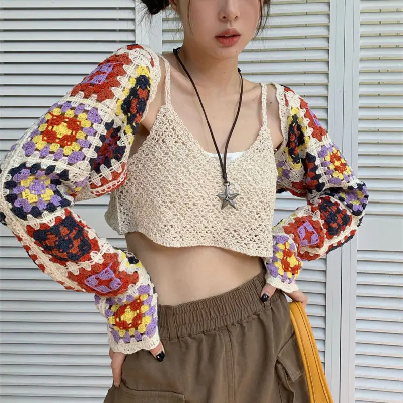 Cárdigan corto de ganchillo Granny Square, bolero de punto con frente abierto, top tipo shrug de manga larga para mujer, atuendo bohemio de verano para playa y festivales