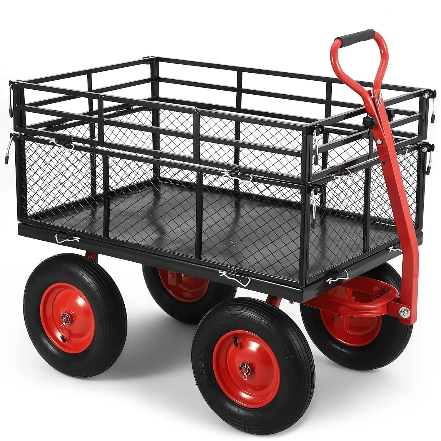1400 lbs Steel Garden Cart, Heavy Duty Metal Yard Utility Wagon with Removable Mesh Sides, 2-in-1 180° Rotating Handle