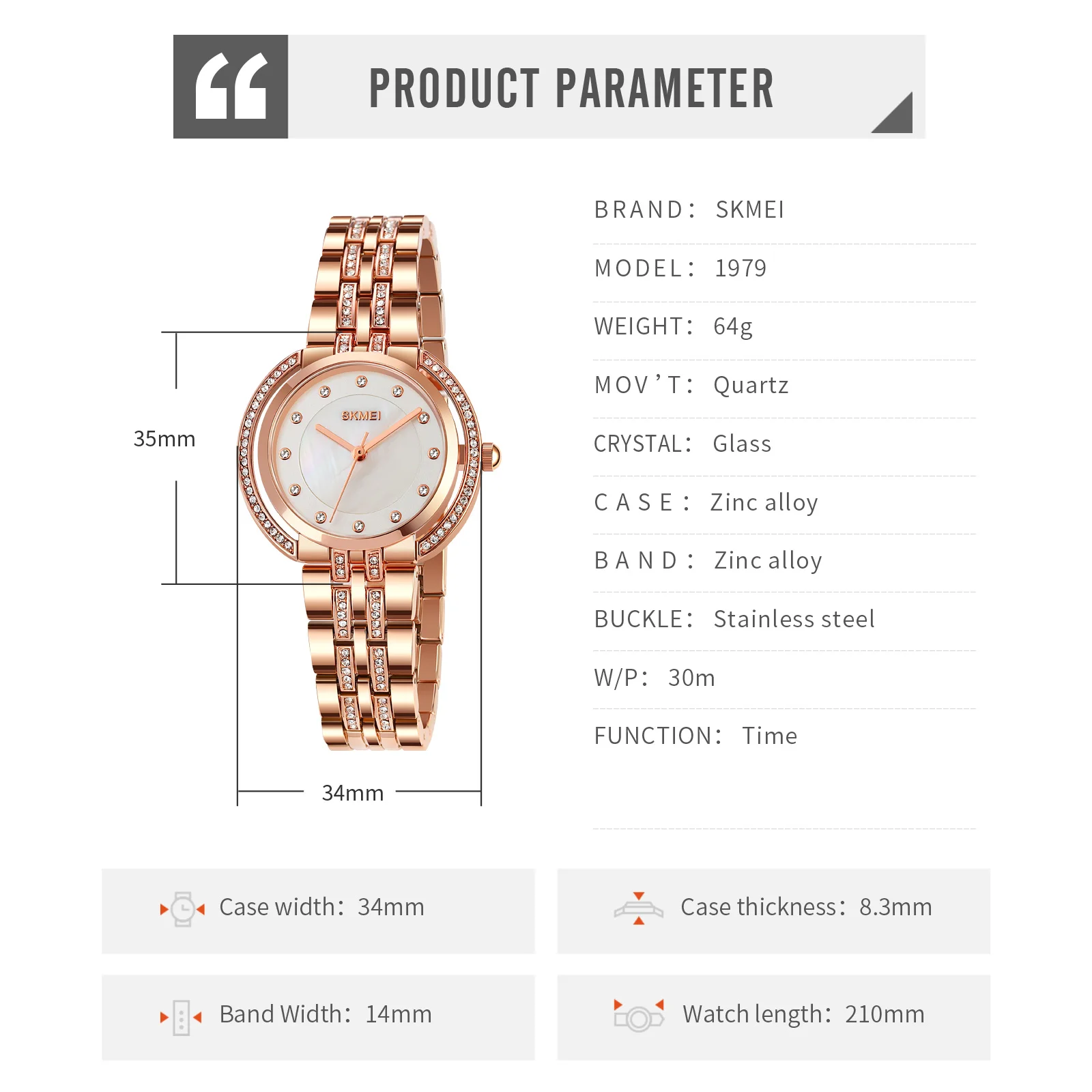 SKMEI-Reloj de cuarzo con diamantes de imitación para mujer, cronógrafo a la moda, resistente al agua, estilo lujoso, 1979