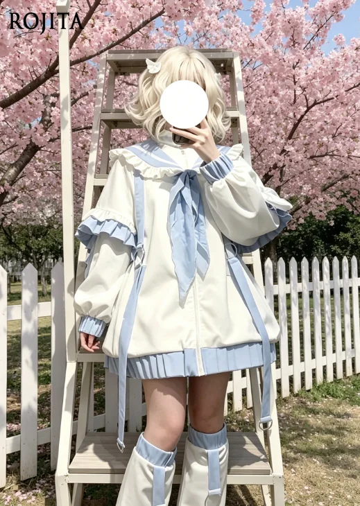

2D Watercolor and White Color Block Jacket Cute Girly Sportswear Navy Collar Jacket Subculture Wings Lolita Jacket + Leg Warmers