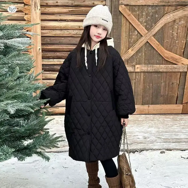 

Girls Cotton Padded Jacket Winter 2026 New Style Kids Thick Warm Baseball Collar Long Coat 120-170cm